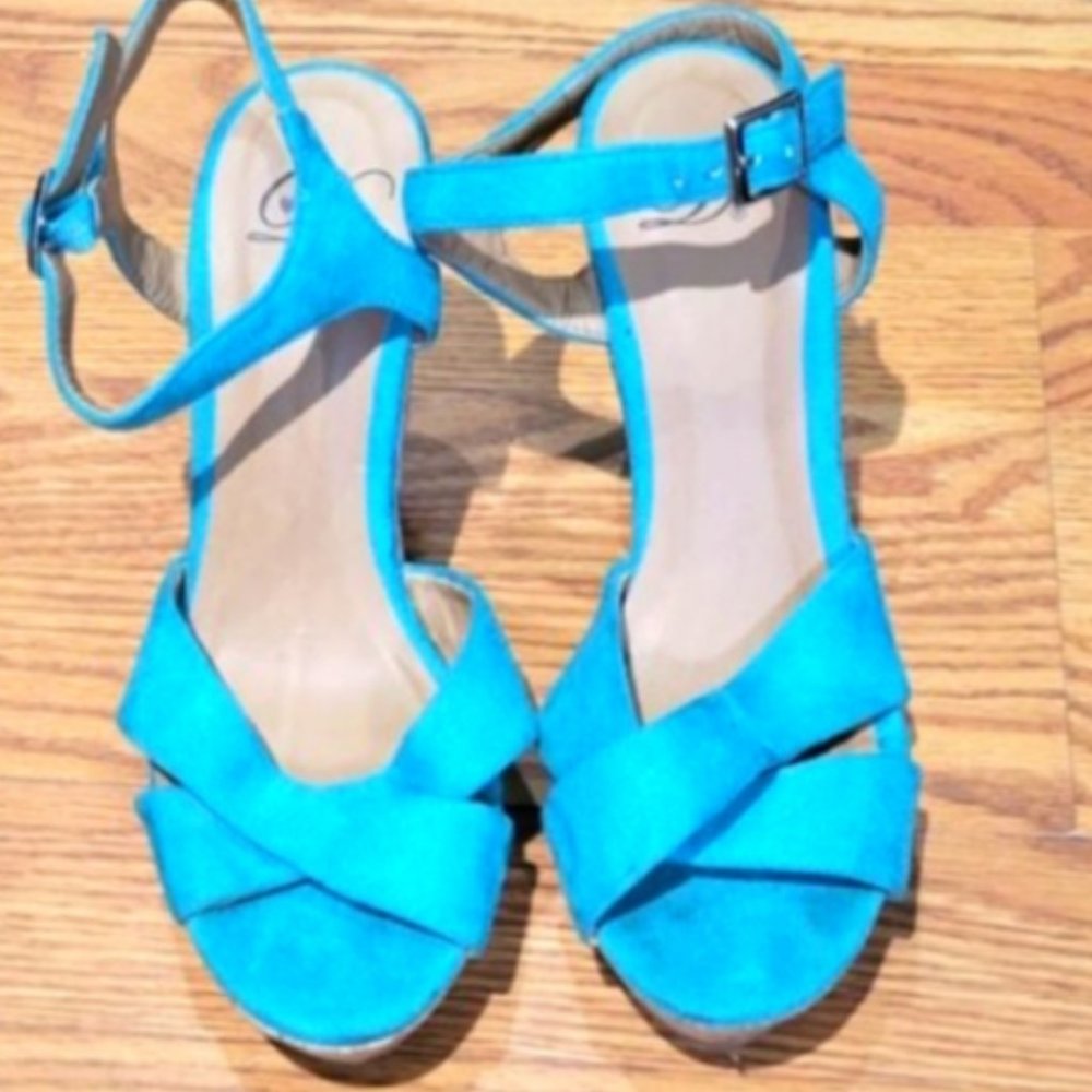 Teal Wedge Cork Wooden Heel